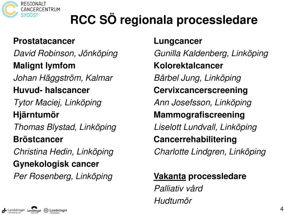 Linköping Lungcancer Gunilla Kaldenberg, Linköping Kolorektalcancer Bärbel Jung, Linköping Cervixcancerscreening Ann Josefsson, Linköping