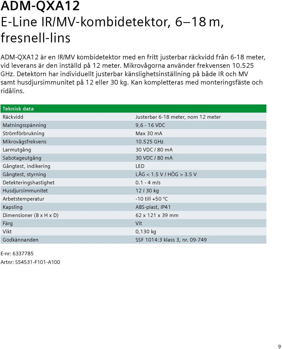 Kan kompletteras med monteringsfäste och ridålins. Teknisk data Räckvidd Justerbar 6-18 meter, nom 12 meter Matningsspänning 9,6-16 VDC Strömförbrukning Max 30 ma Mikrovågsfrekvens 10.