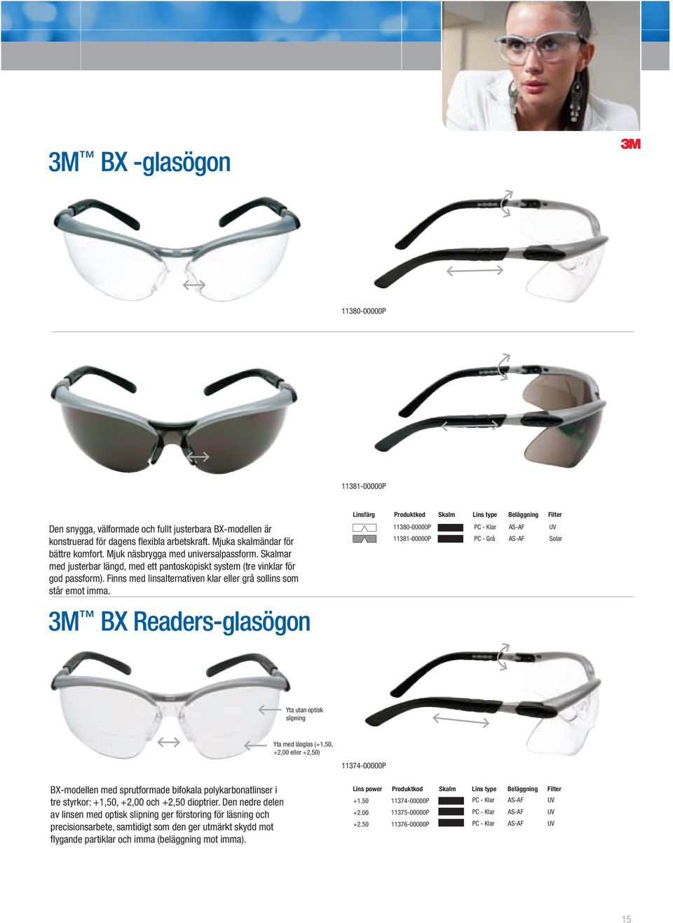 3M B Readers-glasögon färg Skalm type 11380-00000P 11381-00000P PC - Grå Solar Yta utan optisk slipning Yta med läsglas (+1,50, +2,00 eller +2,50) 11374-00000P B-modellen med sprutformade bifokala