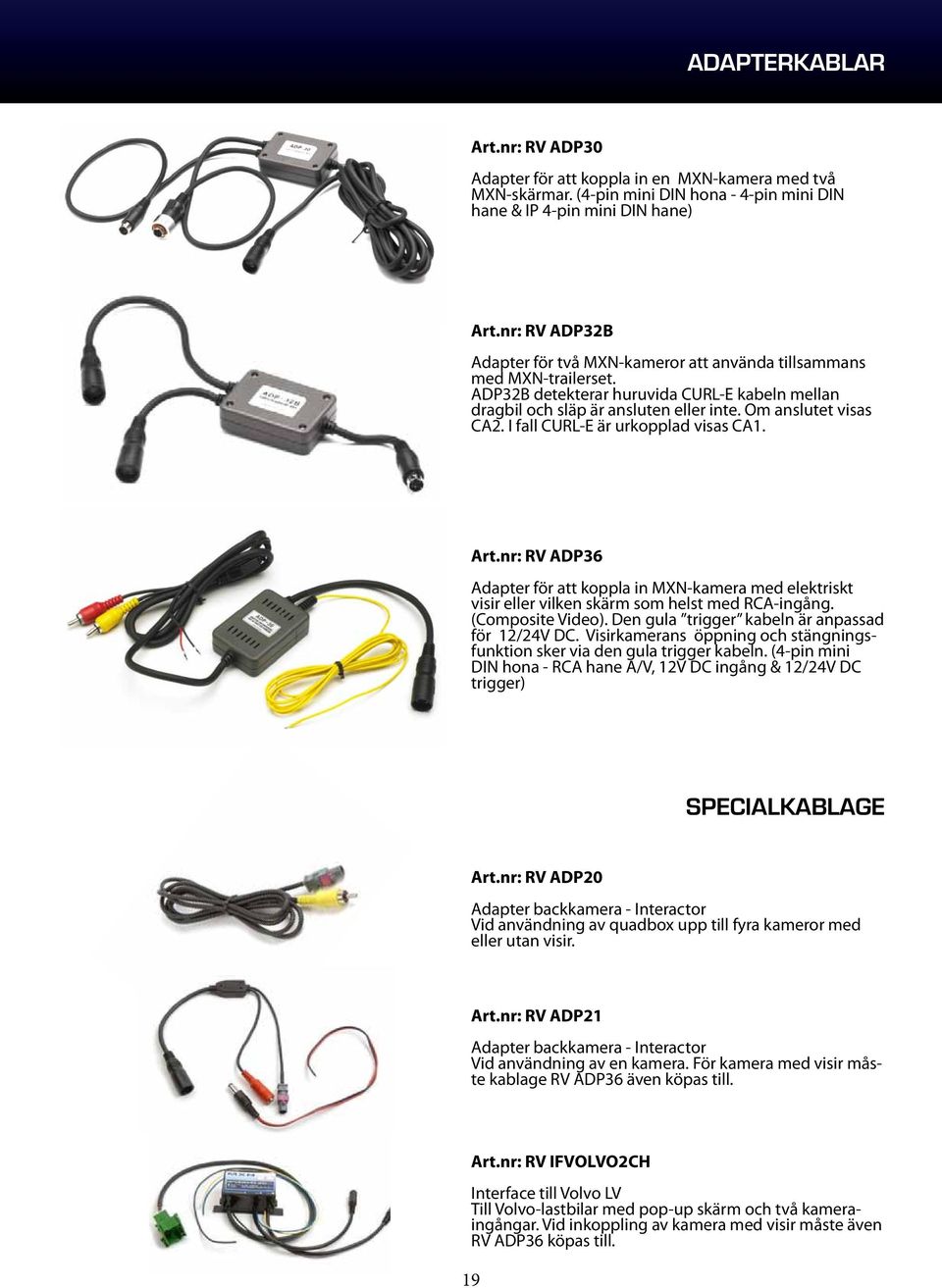 I fall CURL-E är urkopplad visas CA1. Art.nr: RV ADP36 Adapter för att koppla in MXN-kamera med elektriskt visir eller vilken skärm som helst med RCA-ingång. (Composite Video).