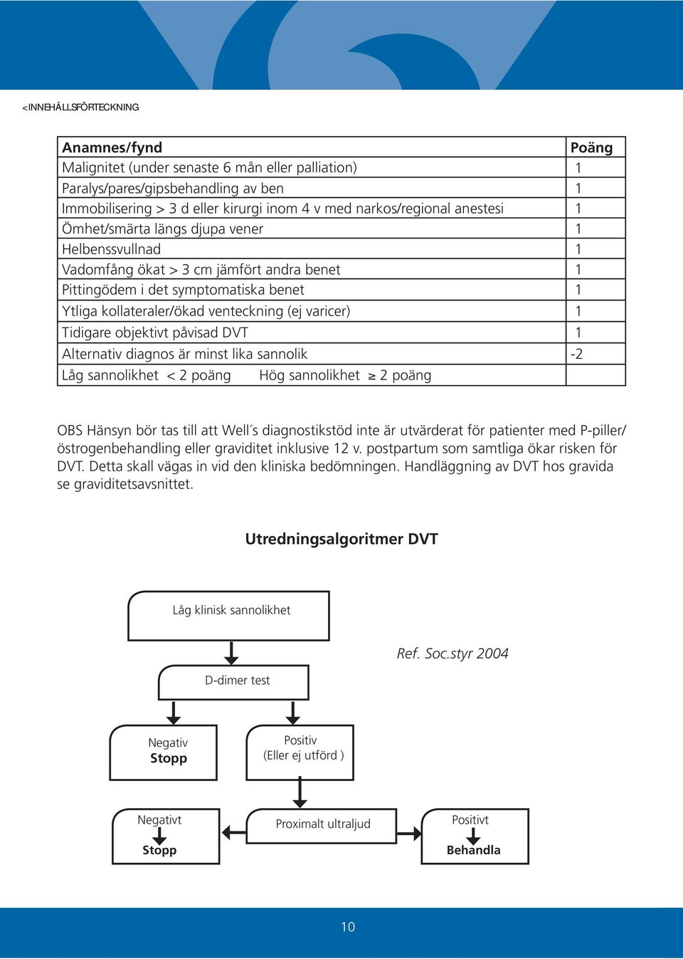 påvisad DVT 1 Alternativ diagnos är minst lika sannolik -2 Låg sannolikhet < 2 poäng Hög sannolikhet 2 poäng OBS Hänsyn bör tas till att Well s diagnostikstöd inte är utvärderat för patienter med