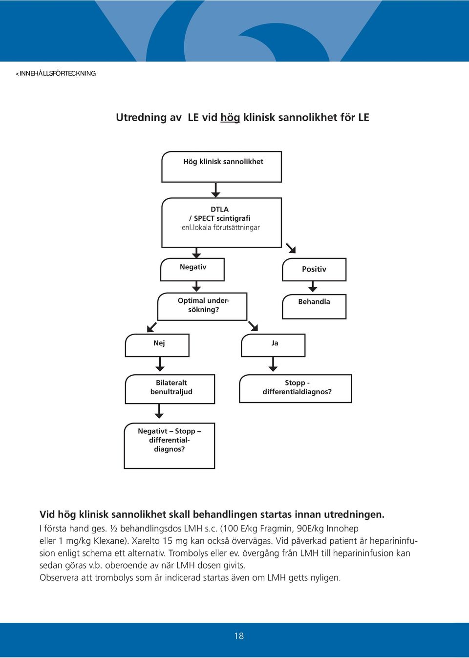 I första hand ges. ½ behandlingsdos LMH s.c. (100 E/kg Fragmin, 90E/kg Innohep eller 1 mg/kg Klexane). Xarelto 15 mg kan också övervägas.