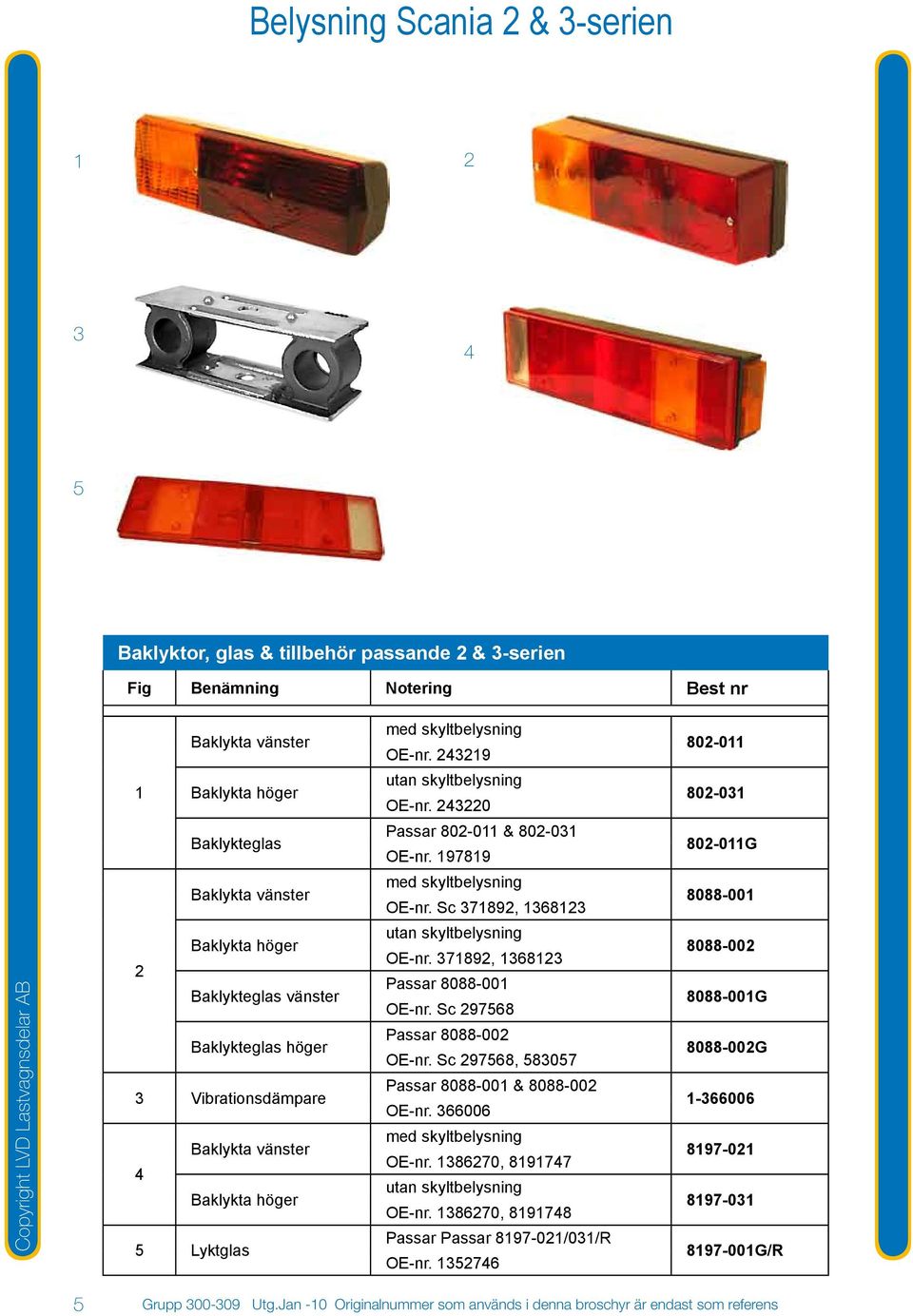 Sc 371892, 1368123 8088-001 Baklykta höger 2 Baklykteglas vänster Baklykteglas höger 3 Vibrationsdämpare Baklykta vänster 4 Baklykta höger 5 Lyktglas utan skyltbelysning OE-nr.