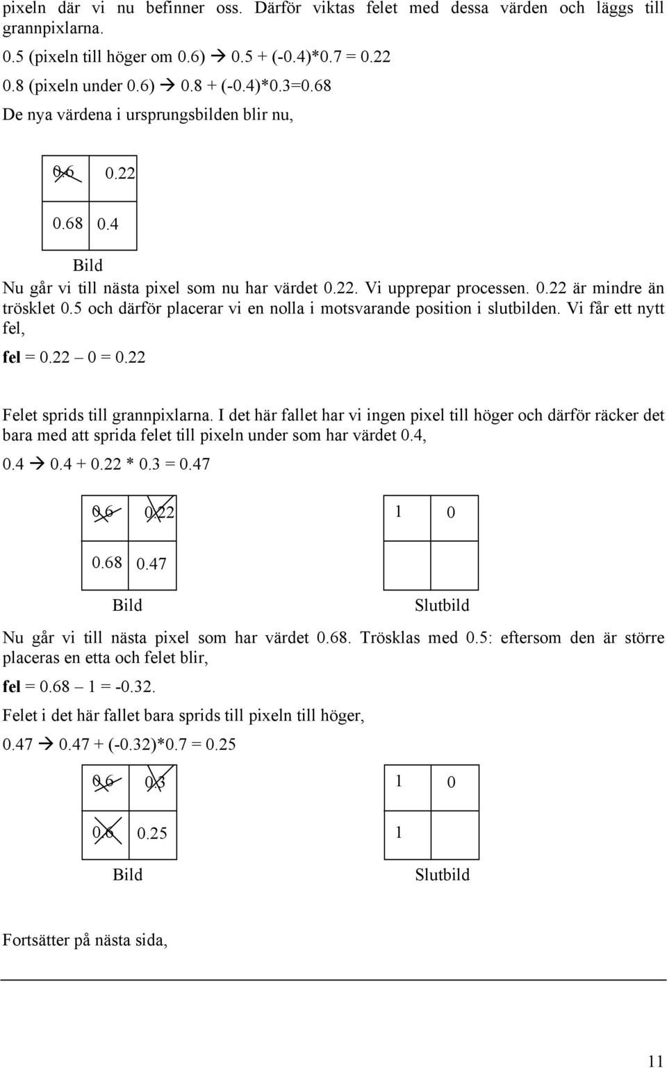 5 och därför placerar vi en nolla i motsvarande position i slutbilden. Vi får ett nytt fel, fel =.22 =.22 Felet sprids till grannpixlarna.