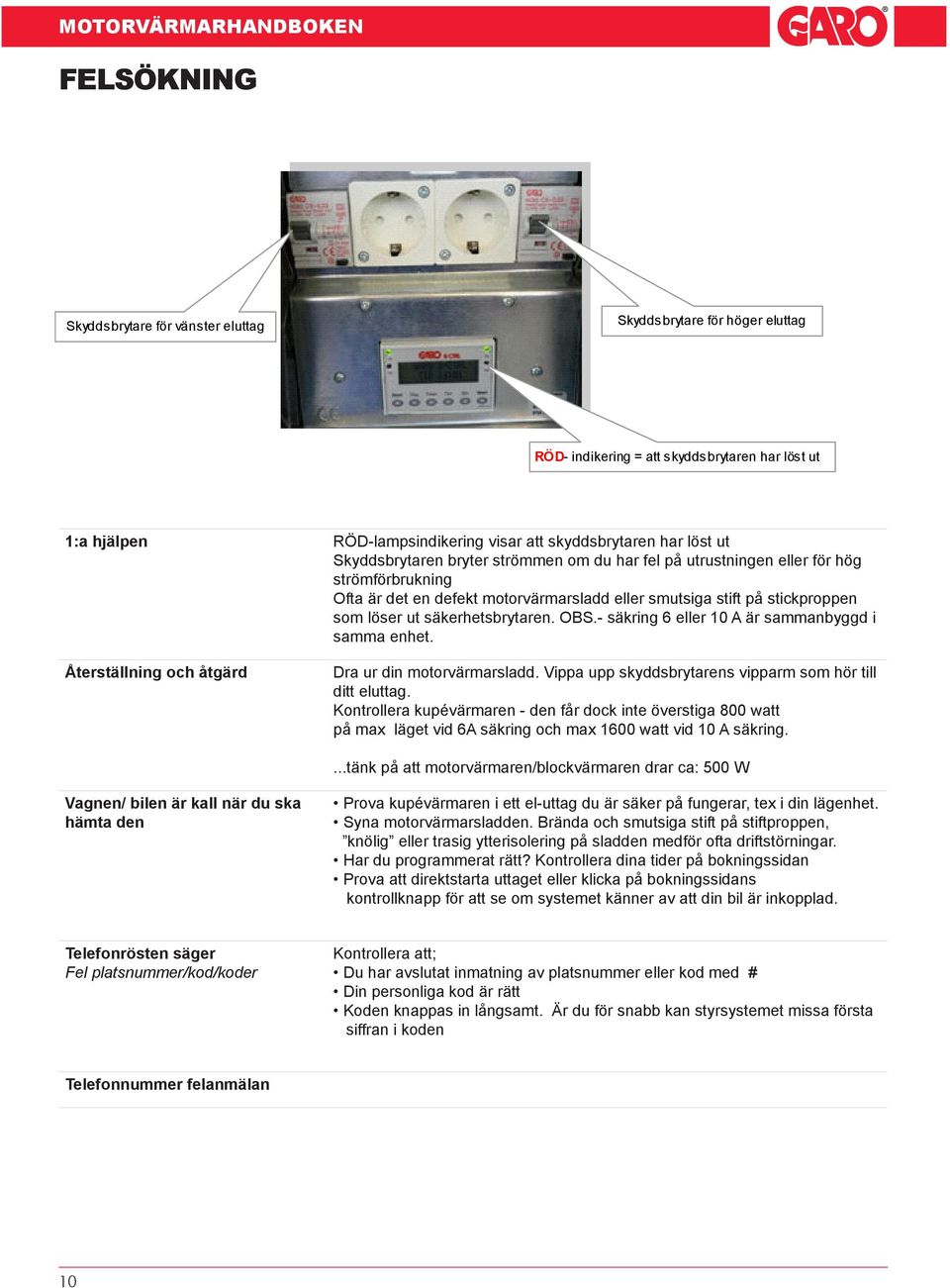 OBS.- säkring 6 eller 10 A är sammanbyggd i samma enhet. Återställning och åtgärd Dra ur din motorvärmarsladd. Vippa upp skyddsbrytarens vipparm som hör till ditt eluttag.