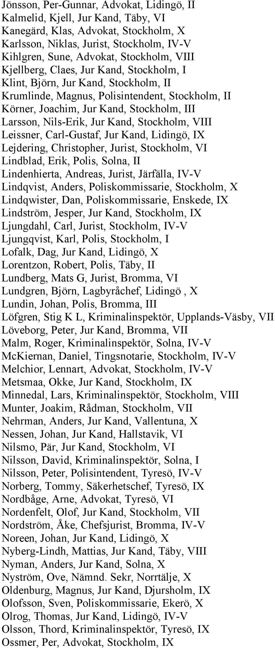 Stockholm, VIII Leissner, Carl-Gustaf, Jur Kand, Lidingö, IX Lejdering, Christopher, Jurist, Stockholm, VI Lindblad, Erik, Polis, Solna, II Lindenhierta, Andreas, Jurist, Järfälla, IV-V Lindqvist,