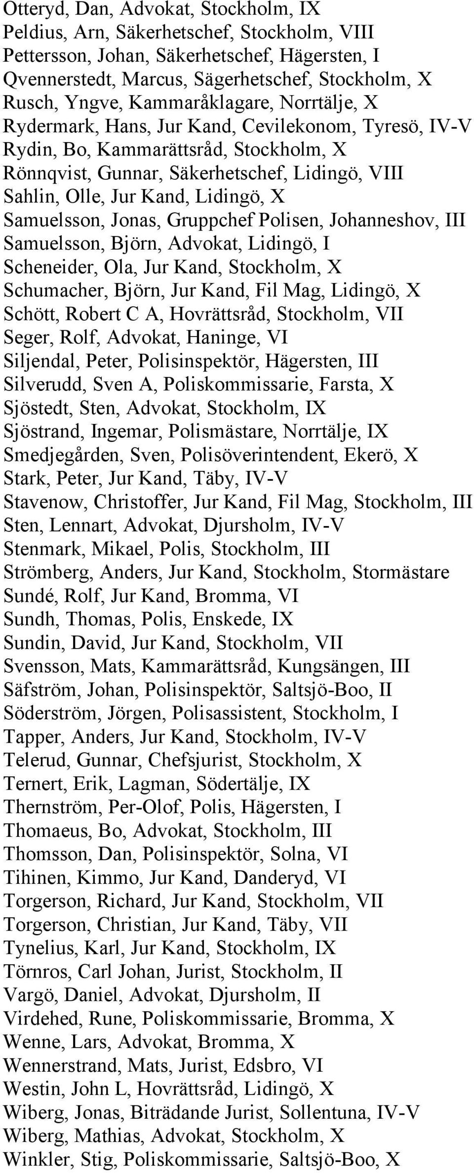 Lidingö, X Samuelsson, Jonas, Gruppchef Polisen, Johanneshov, III Samuelsson, Björn, Advokat, Lidingö, I Scheneider, Ola, Jur Kand, Stockholm, X Schumacher, Björn, Jur Kand, Fil Mag, Lidingö, X