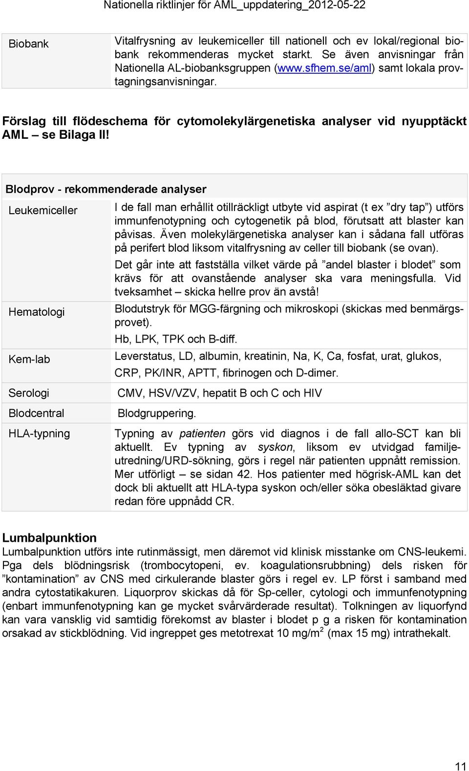 Blodprov - rekommenderade analyser Leukemiceller I de fall man erhållit otillräckligt utbyte vid aspirat (t ex dry tap ) utförs immunfenotypning och cytogenetik på blod, förutsatt att blaster kan