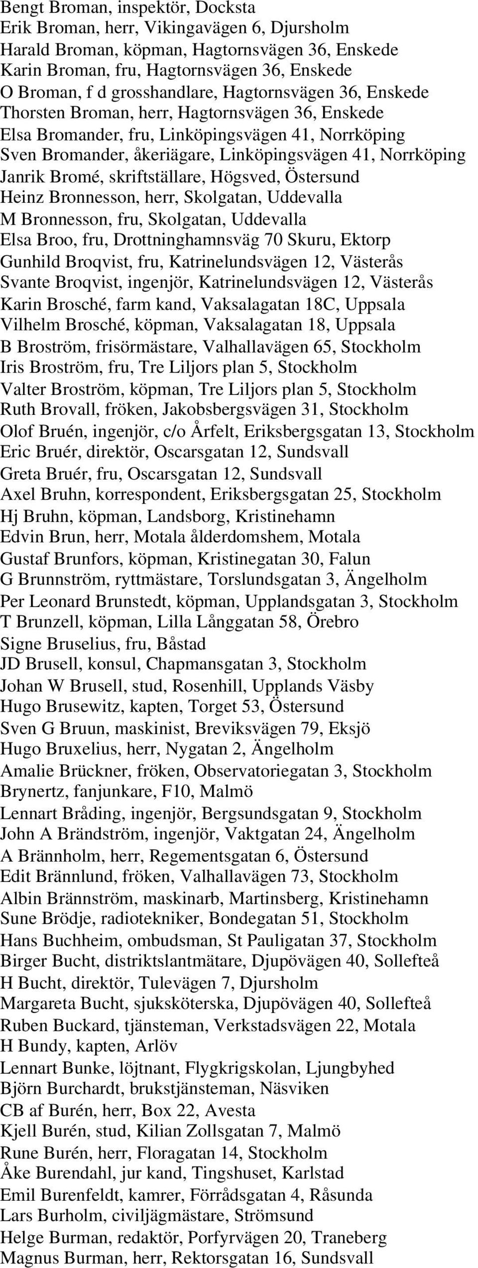 Norrköping Janrik Bromé, skriftställare, Högsved, Östersund Heinz Bronnesson, herr, Skolgatan, Uddevalla M Bronnesson, fru, Skolgatan, Uddevalla Elsa Broo, fru, Drottninghamnsväg 70 Skuru, Ektorp