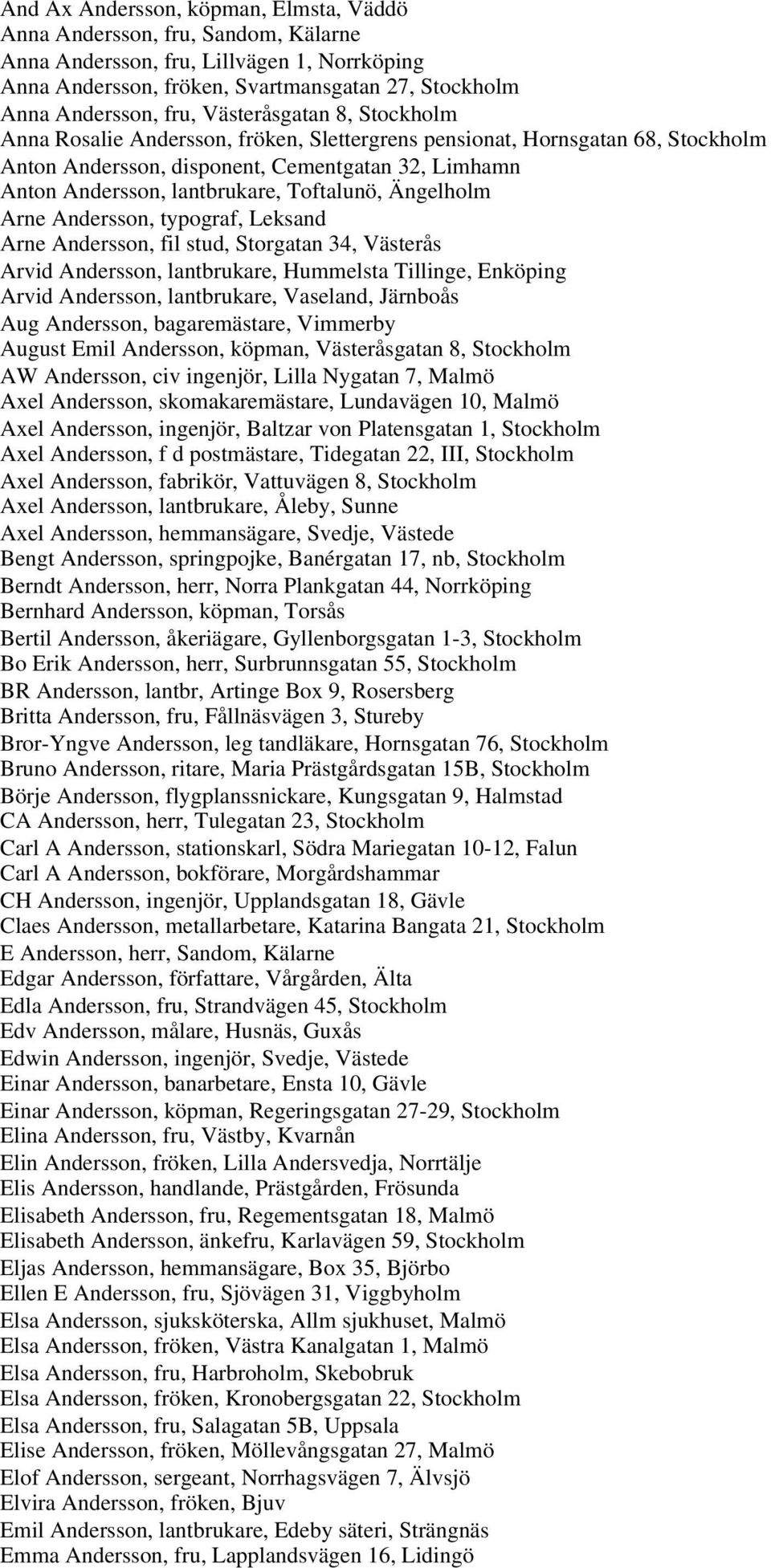 Toftalunö, Ängelholm Arne Andersson, typograf, Leksand Arne Andersson, fil stud, Storgatan 34, Västerås Arvid Andersson, lantbrukare, Hummelsta Tillinge, Enköping Arvid Andersson, lantbrukare,