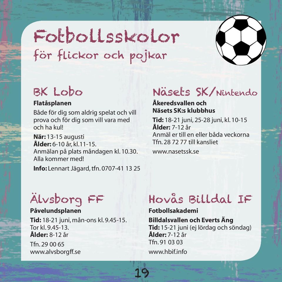 0707-41 13 25 Näsets SK/Nintendo Åkeredsvallen och Näsets SK:s klubbhus Tid: 18-21 juni, 25-28 juni, kl. 10-15 Ålder: 7-12 år Anmäl er till en eller båda veckorna Tfn.