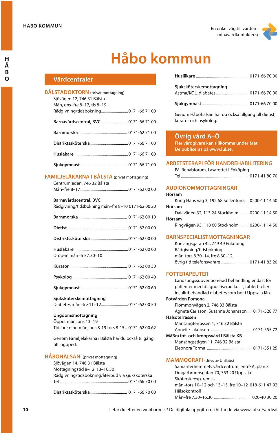 ..0171-66 70 00 Genom Håbohälsan har du också tillgång till dietist, kurator och psykolog. Barnmorska... 0171-62 71 00 Distriktssköterska...0171-66 71 00 Husläkare...0171-66 71 00 Sjukgymnast.