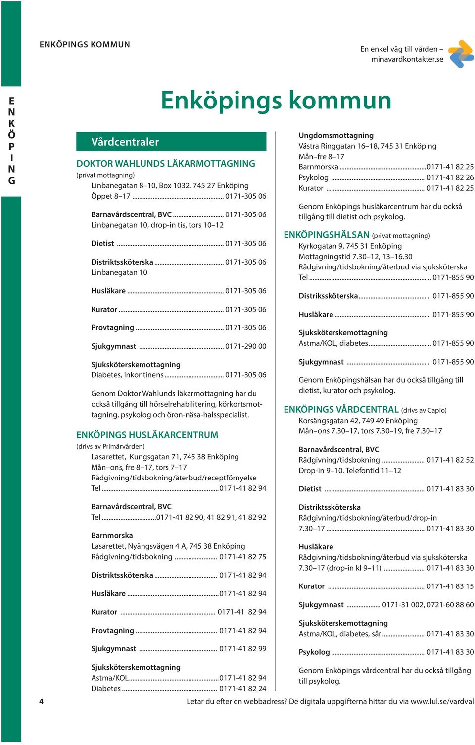 .. 0171-305 06 rovtagning... 0171-305 06 Sjukgymnast... 0171-290 00 Ungdomsmottagning Västra Ringgatan 16 18, 745 31 Enköping Mån fre 8 17 Barnmorska...0171-41 82 25 sykolog... 0171-41 82 26 Kurator.