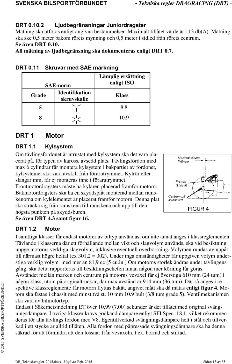10. All mätning av ljudbegränsning ska dokumenteras enligt DRT 0.7. DRT 0.11 Skruvar med SAE märkning SAE-norm Grade Identifikation skruvskalle Lämplig ersättning enligt ISO Klass 5 8.8 8 10.