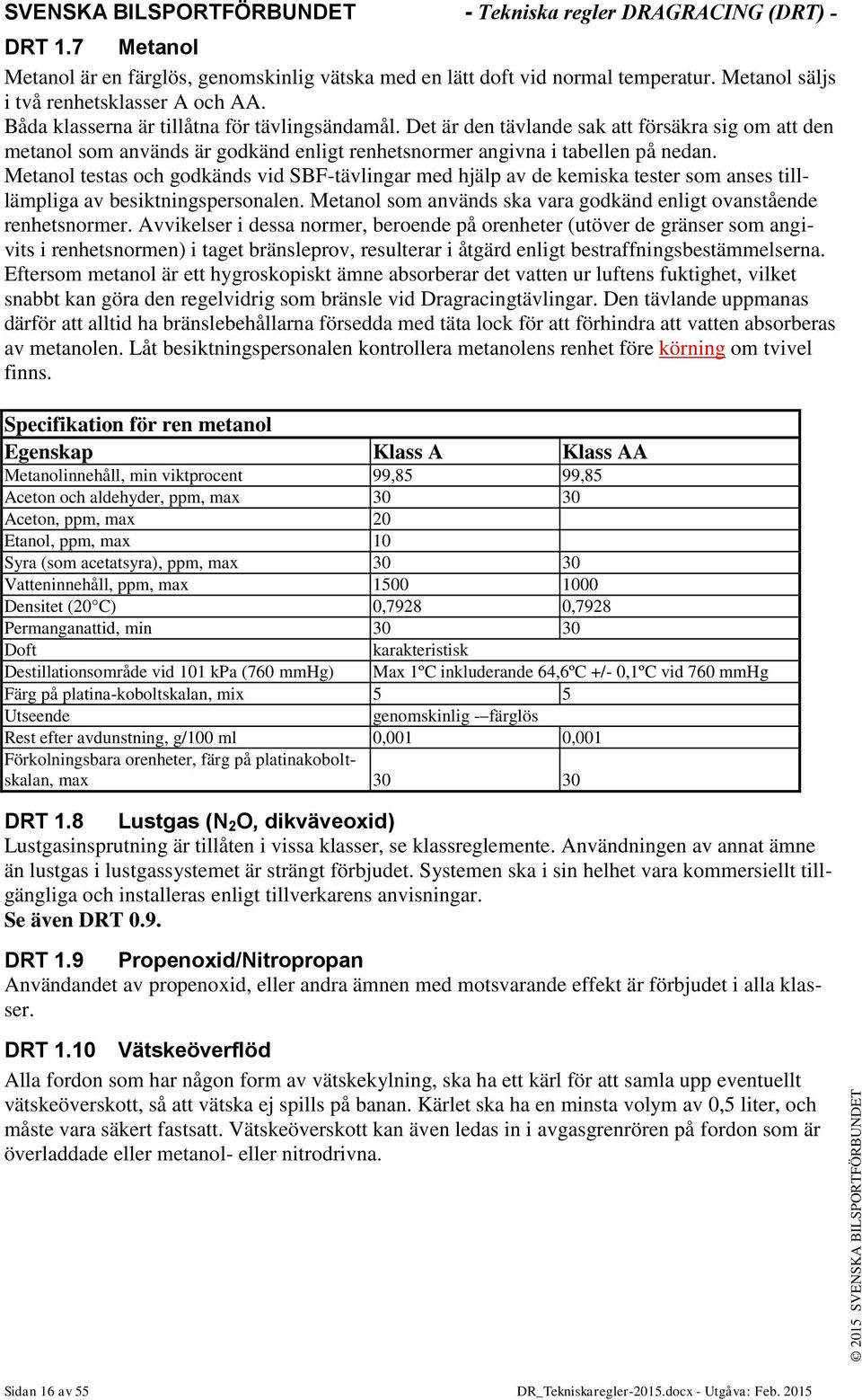 Metanol testas och godkänds vid SBF-tävlingar med hjälp av de kemiska tester som anses tilllämpliga av besiktningspersonalen. Metanol som används ska vara godkänd enligt ovanstående renhetsnormer.