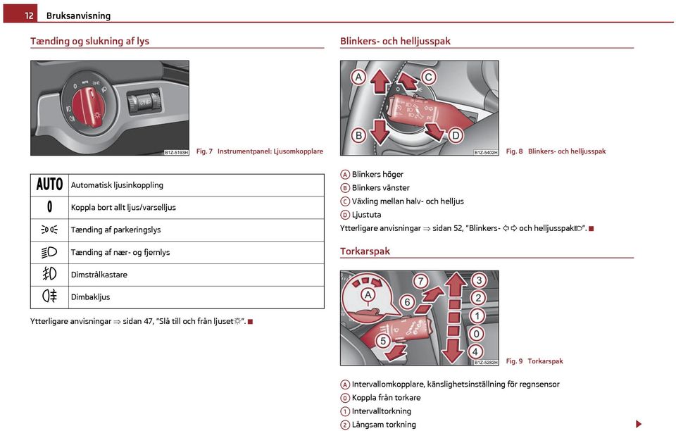 Dimbakljus A Blinkers höger AB Blinkers vänster AC Växling mellan halv- och helljus AD Ljustuta Ytterligare anvisningar sidan 52, Blinkers- och helljusspak.