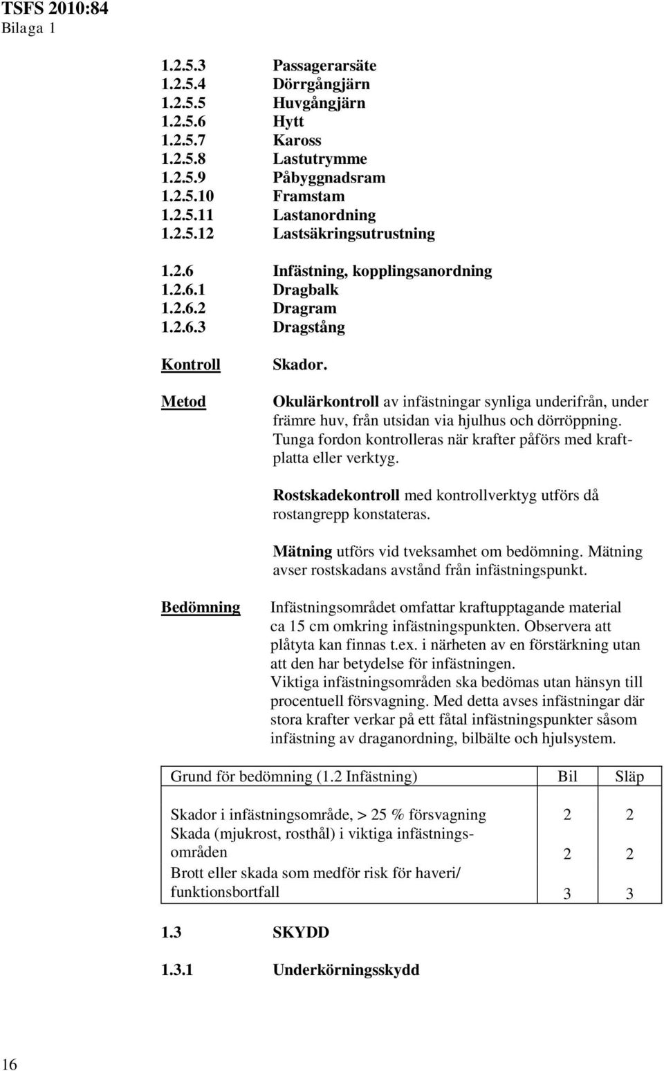 Okulärkontroll av infästningar synliga underifrån, under främre huv, från utsidan via hjulhus och dörröppning. Tunga fordon kontrolleras när krafter påförs med kraftplatta eller verktyg.