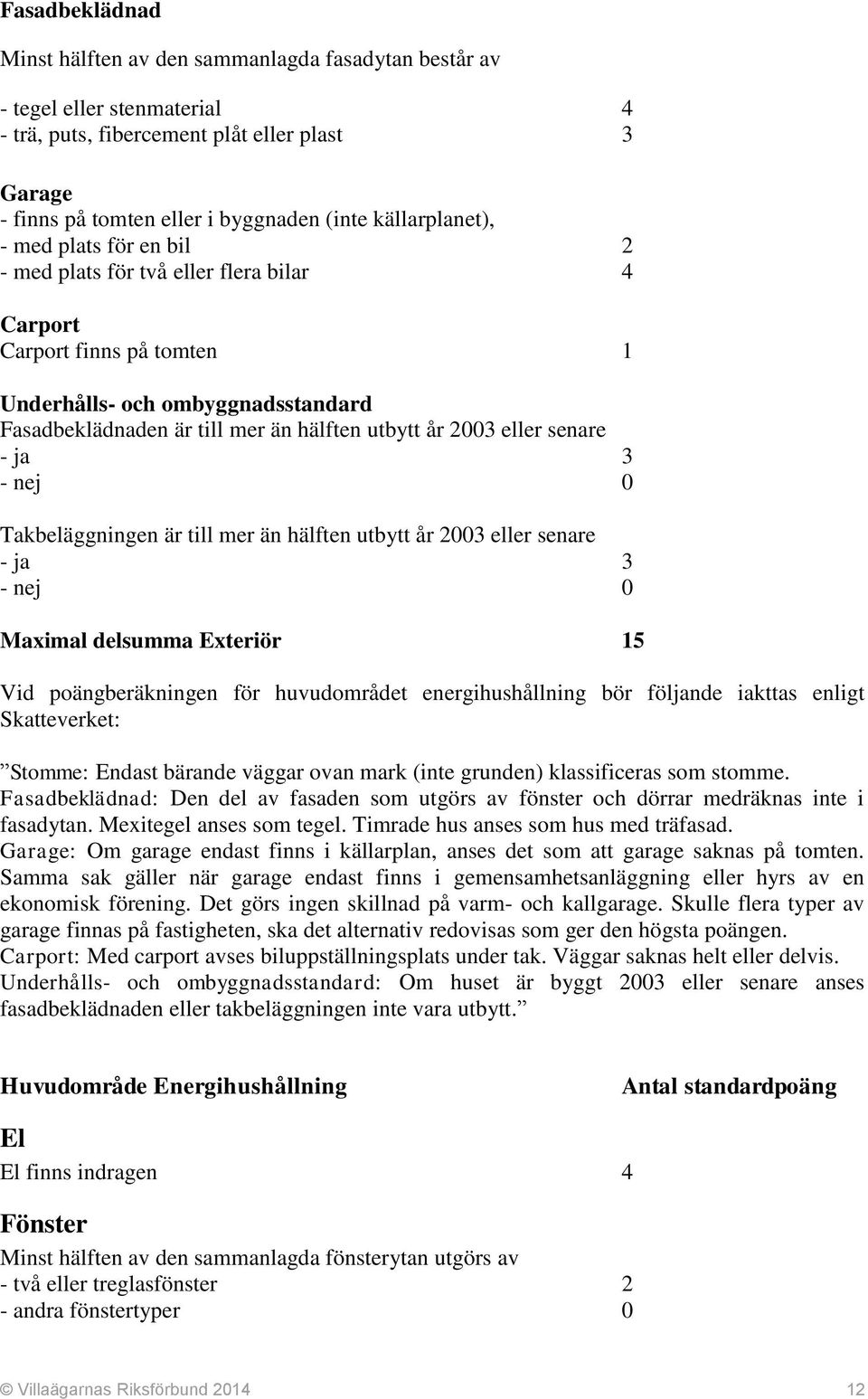 2003 eller senare - ja 3 - nej 0 Takbeläggningen är till mer än hälften utbytt år 2003 eller senare - ja 3 - nej 0 Maximal delsumma Exteriör 15 Vid poängberäkningen för huvudområdet energihushållning