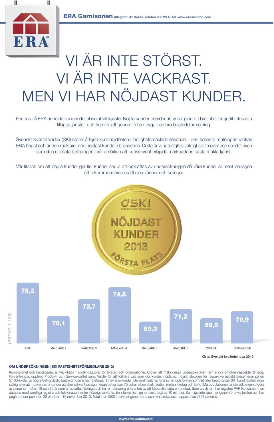Svenskt Kvalitetsindex (SKI) mäter årligen kundnöjdheten i fastighetsmäklarbranschen. I den senaste mätningen rankas ERA högst och är den mäklare med nöjdast kunder i branschen.