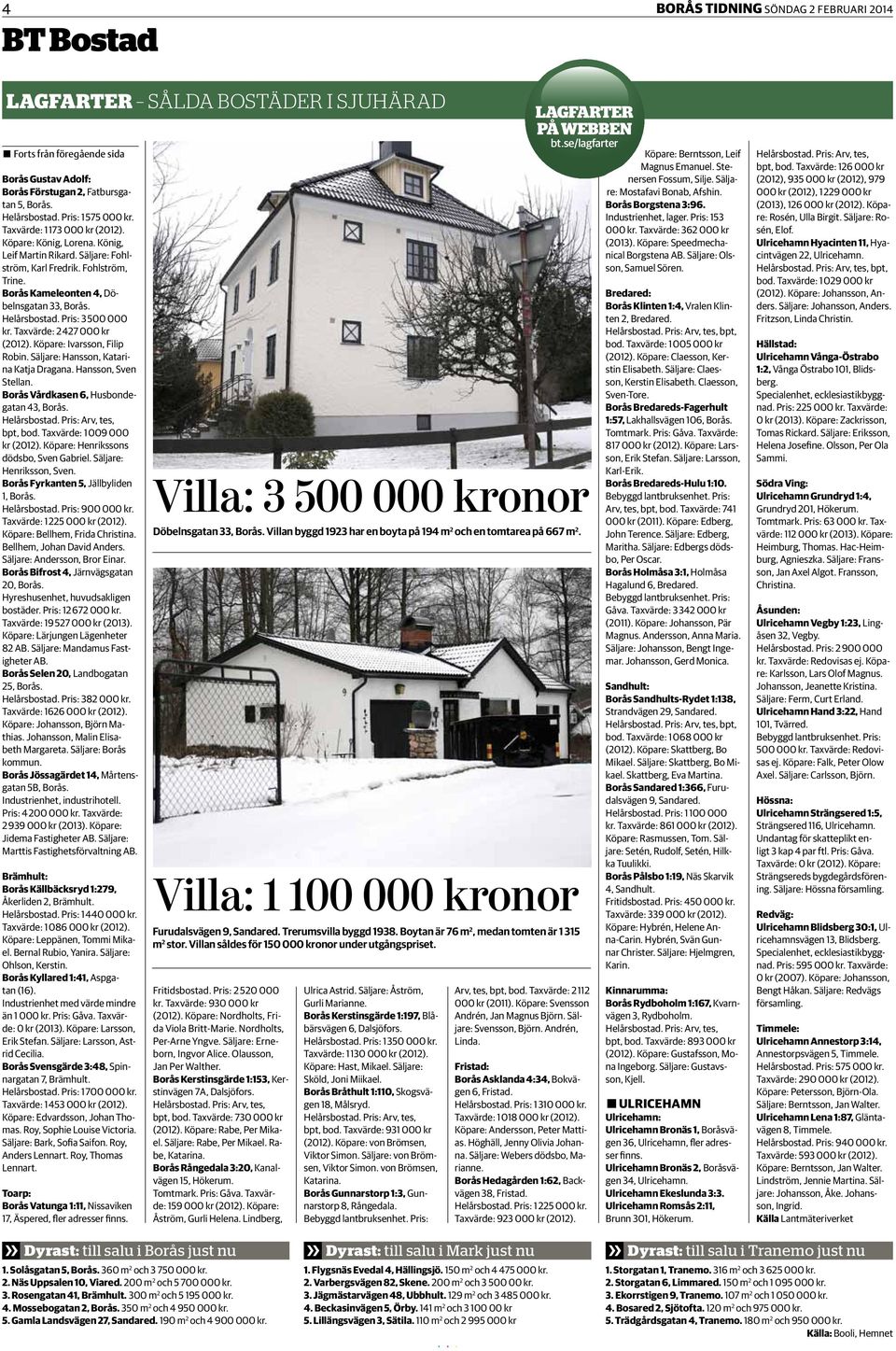 Helårsbostad. Pris: 3 500 000 kr. Taxvärde: 2 427 000 kr (2012). Köpare: Ivarsson, Filip Robin. Säljare: Hansson, Katarina Katja Dragana. Hansson, Sven Stellan.