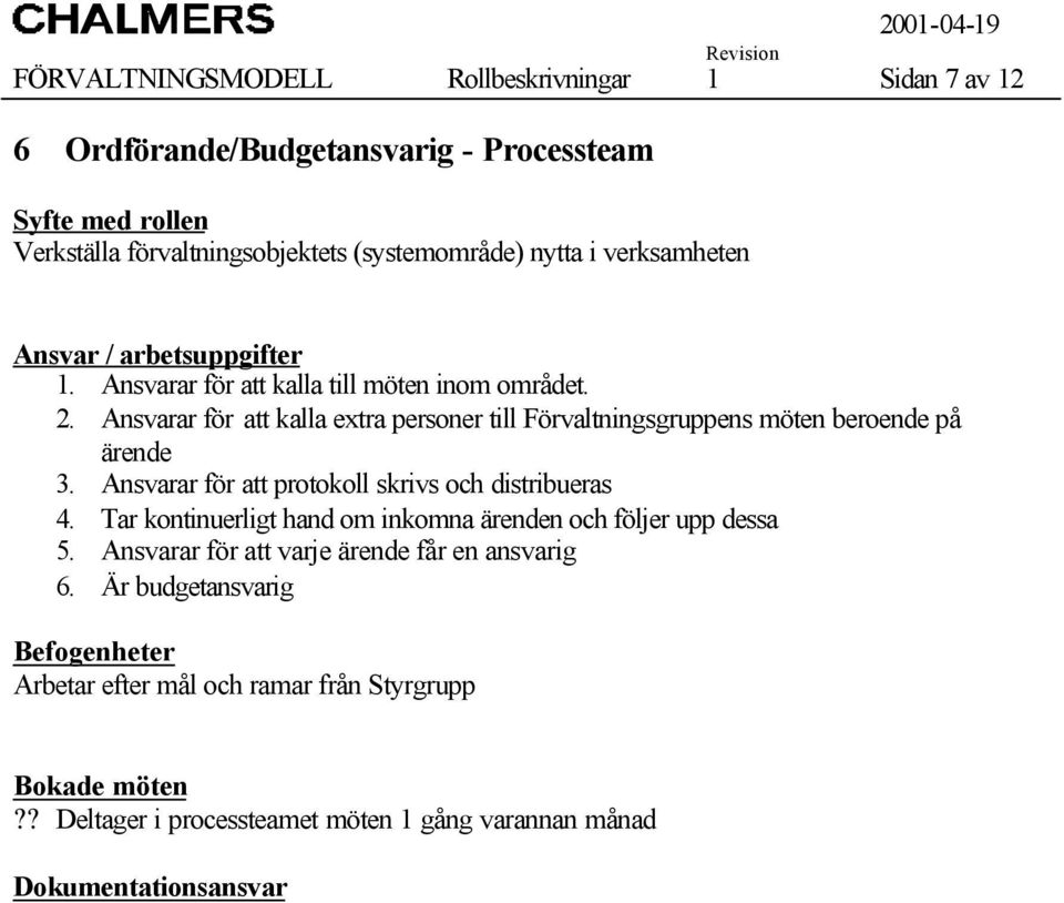 Ansvarar för att kalla extra personer till Förvaltningsgruppens möten beroende på ärende 3. Ansvarar för att protokoll skrivs och distribueras 4.