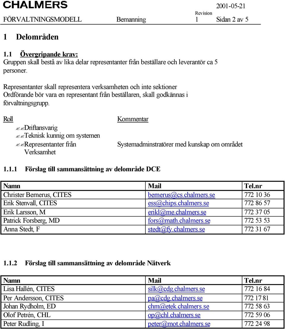 Roll Driftansvarig Teknisk kunnig om systemen Representanter från Verksamhet Kommentar Systemadminstratörer med kunskap om området 1.1.1 Förslag till sammansättning av delområde DCE Namn Mail Tel.