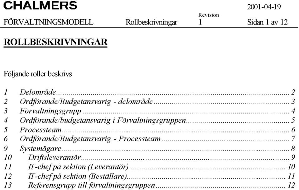 .. 4 4 Ordförande/budgetansvarig i Förvaltningsgruppen... 5 5 Processteam... 6 6 Ordförande/Budgetansvarig - Processteam.