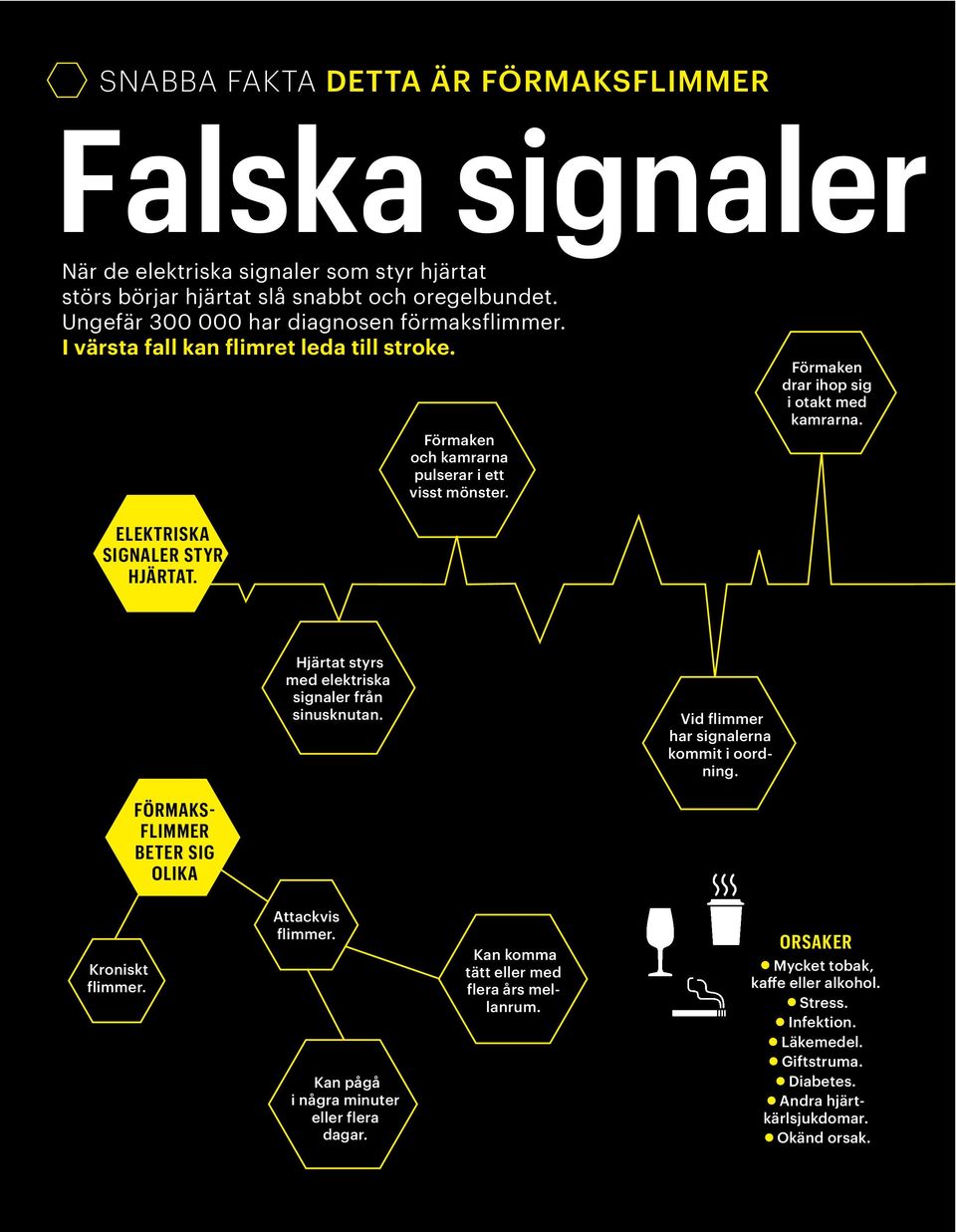 ELEKTRISKA SIGNALER STYR HJÄRTAT. Hjärtat styrs med elektriska signaler från sinusknutan. Vid flimmer har signalerna kommit i oordning. FÖRMAKS- FLIMMER BETER SIG OLIKA Kroniskt flimmer.