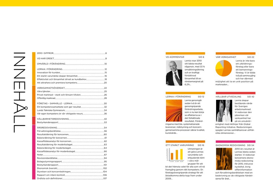 FöREtAG SAMHäLLE - LERNIA 30 Ett kompetenssamarbete som ger resultat 32 Lunds Tekniska Gymnasium 34 Vår egen kompetens är vår viktigaste resurs 36 HÅLLBARHETSREDOVISNING 42 Bestyrkanderapport 53