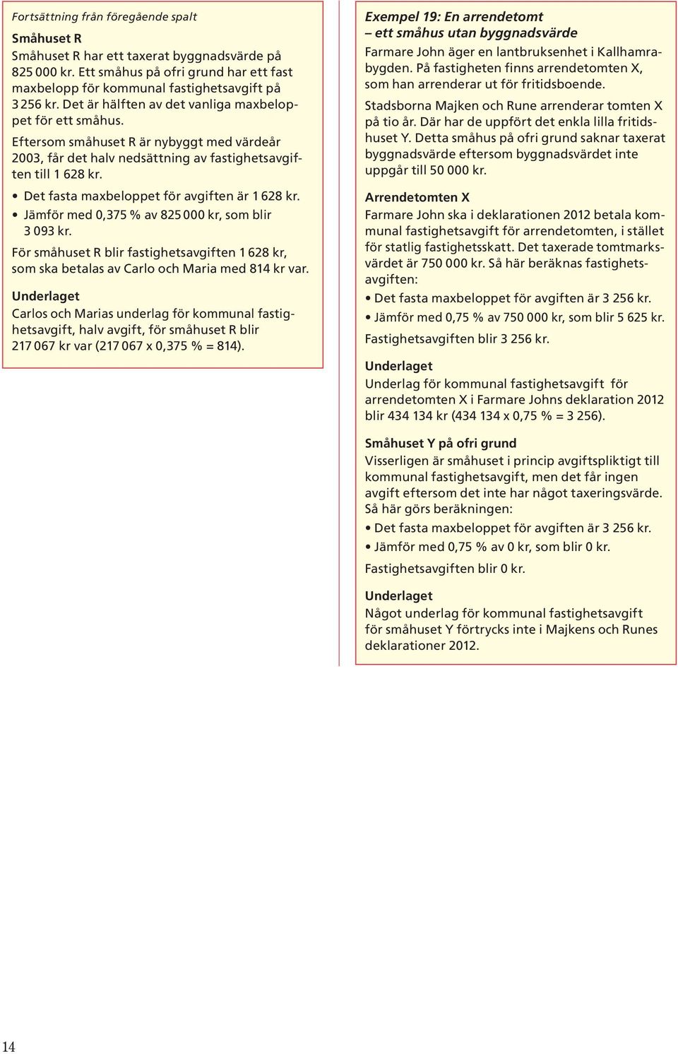 Det fasta maxbeloppet för avgiften är 1 628 kr. Jämför med 0,375 % av 825 000 kr, som blir 3 093 kr. För småhuset R blir fastighetsavgiften 1 628 kr, som ska betalas av Carlo och Maria med 814 kr var.