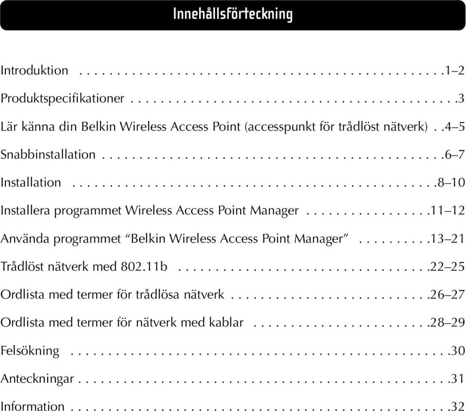 ................11 12 Använda programmet Belkin Wireless Access Point Manager..........13 21 Trådlöst nätverk med 802.11b..................................22 25 Ordlista med termer för trådlösa nätverk.