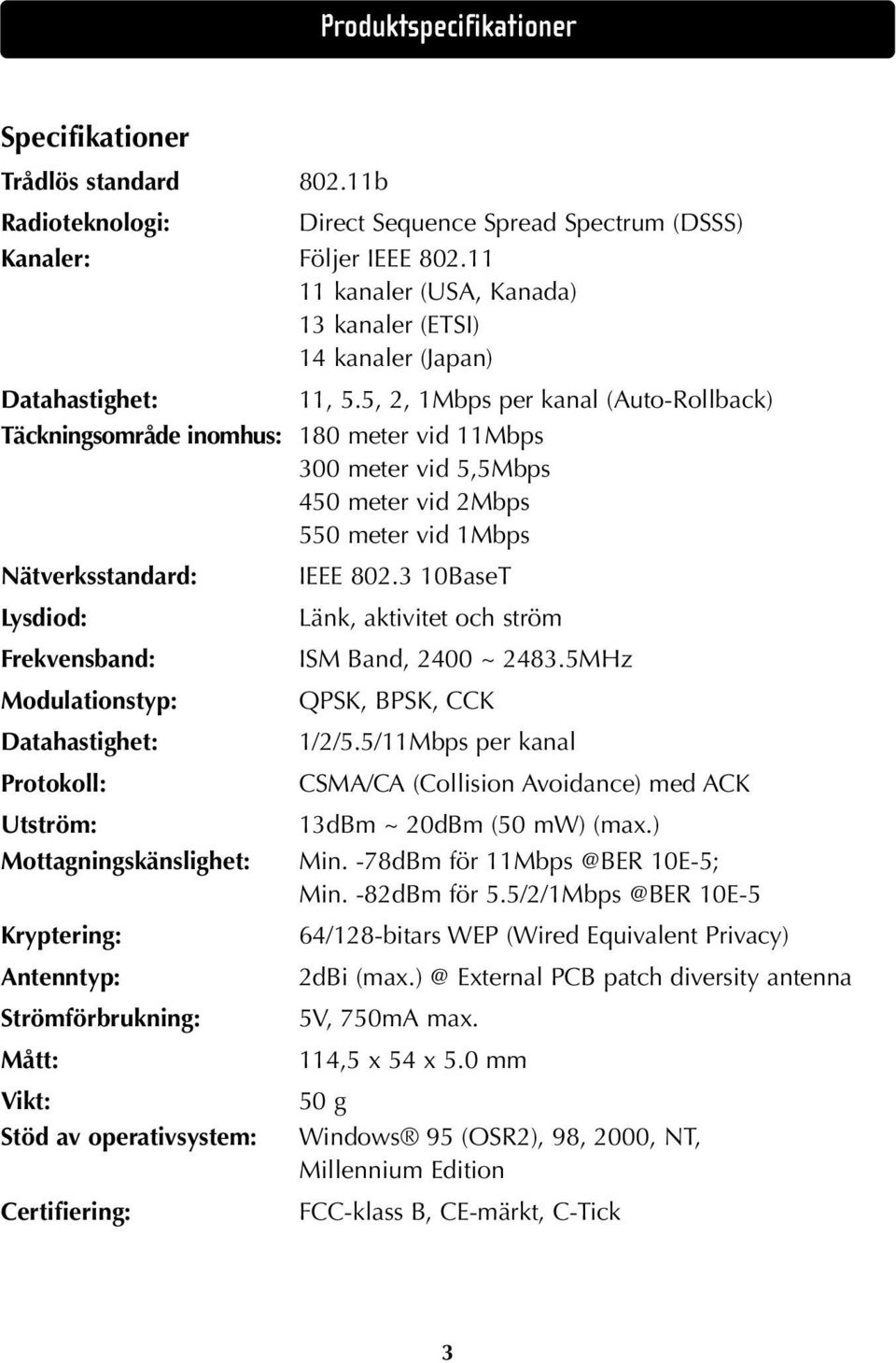 5, 2, 1Mbps per kanal (Auto-Rollback) Täckningsområde inomhus: 180 meter vid 11Mbps 300 meter vid 5,5Mbps 450 meter vid 2Mbps 550 meter vid 1Mbps Nätverksstandard: IEEE 802.