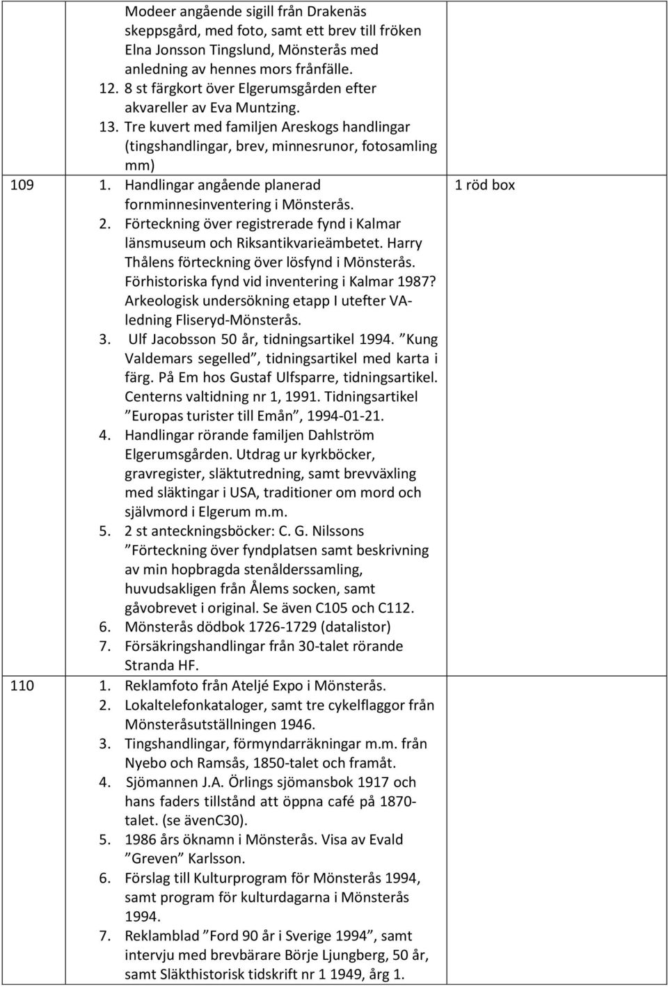 Handlingar angående planerad fornminnesinventering i Mönsterås. 2. Förteckning över registrerade fynd i Kalmar länsmuseum och Riksantikvarieämbetet. Harry Thålens förteckning över lösfynd i Mönsterås.