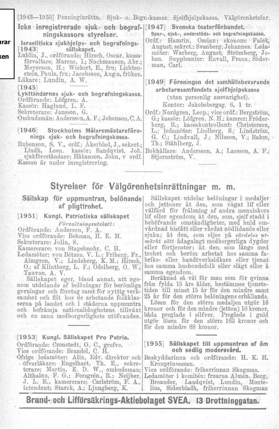 Ledatublin, J., ordförande; Hirsch, Oscar, kassa- möter: Warberg, ~ugust, Stromb~rg;? J~förvaltare; Marcus, 1.; Nachmanson, Abr.; han, Suppleanter. Envall, Frans., Söder- Meyerson. H.; Wickert, E.