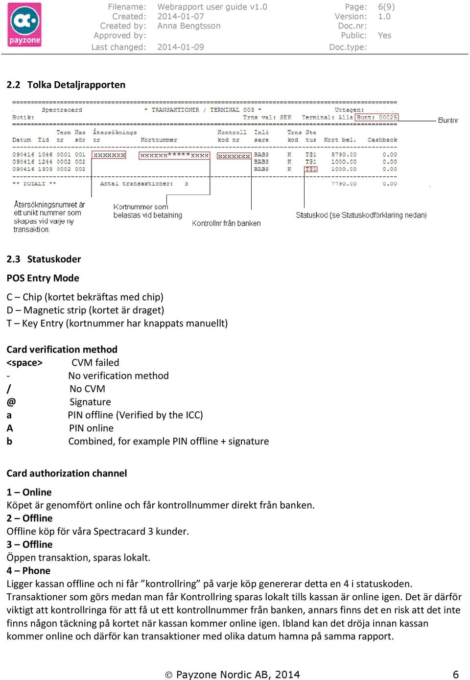 verification method / No CVM @ Signature a PIN offline (Verified by the ICC) A PIN online b Combined, for example PIN offline + signature Card authorization channel 1 Online Köpet är genomfört online