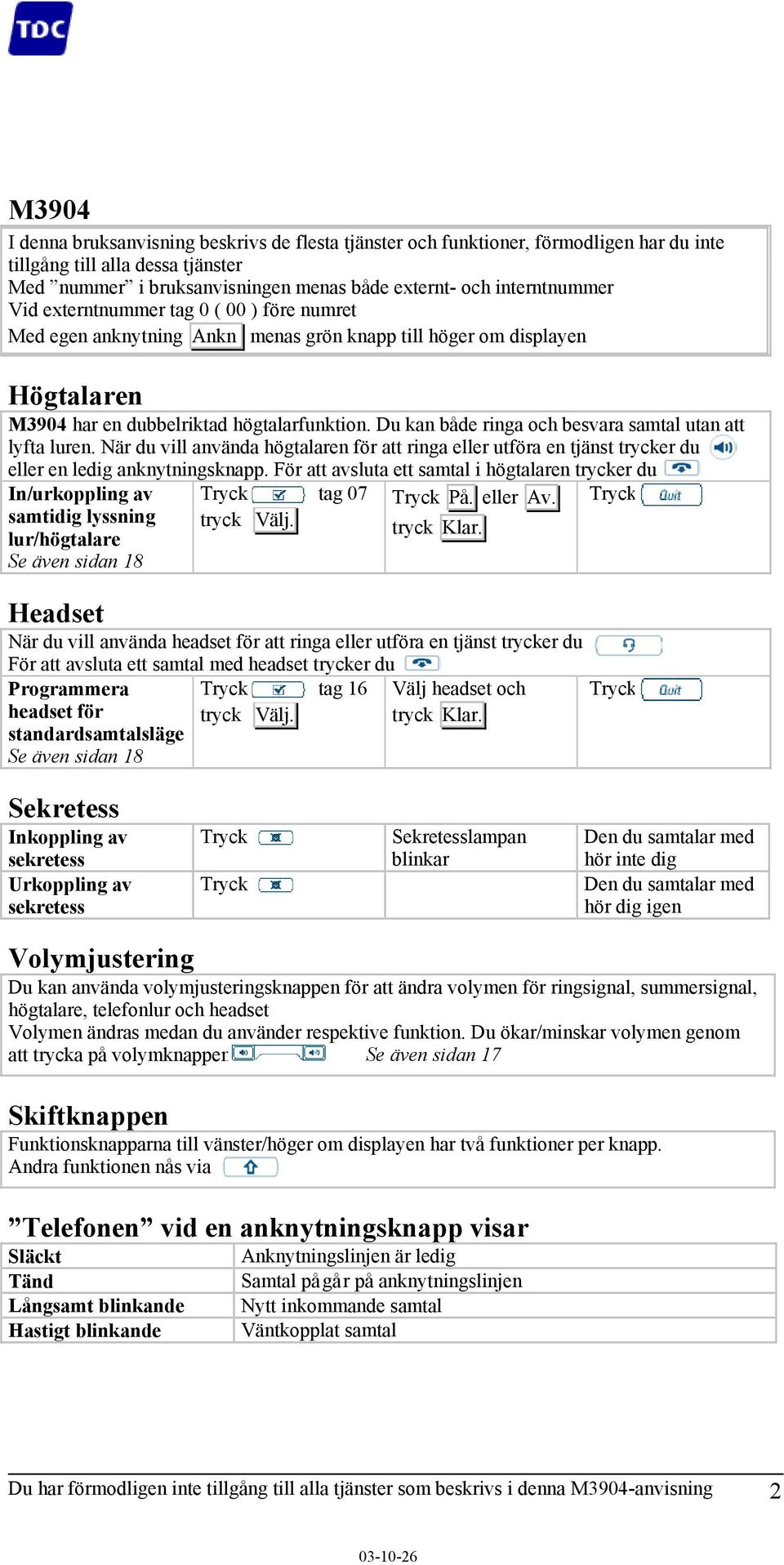 Du kan både ringa och besvara samtal utan att lyfta luren. När du vill använda högtalaren för att ringa eller utföra en tjänst trycker du eller en ledig anknytningsknapp.