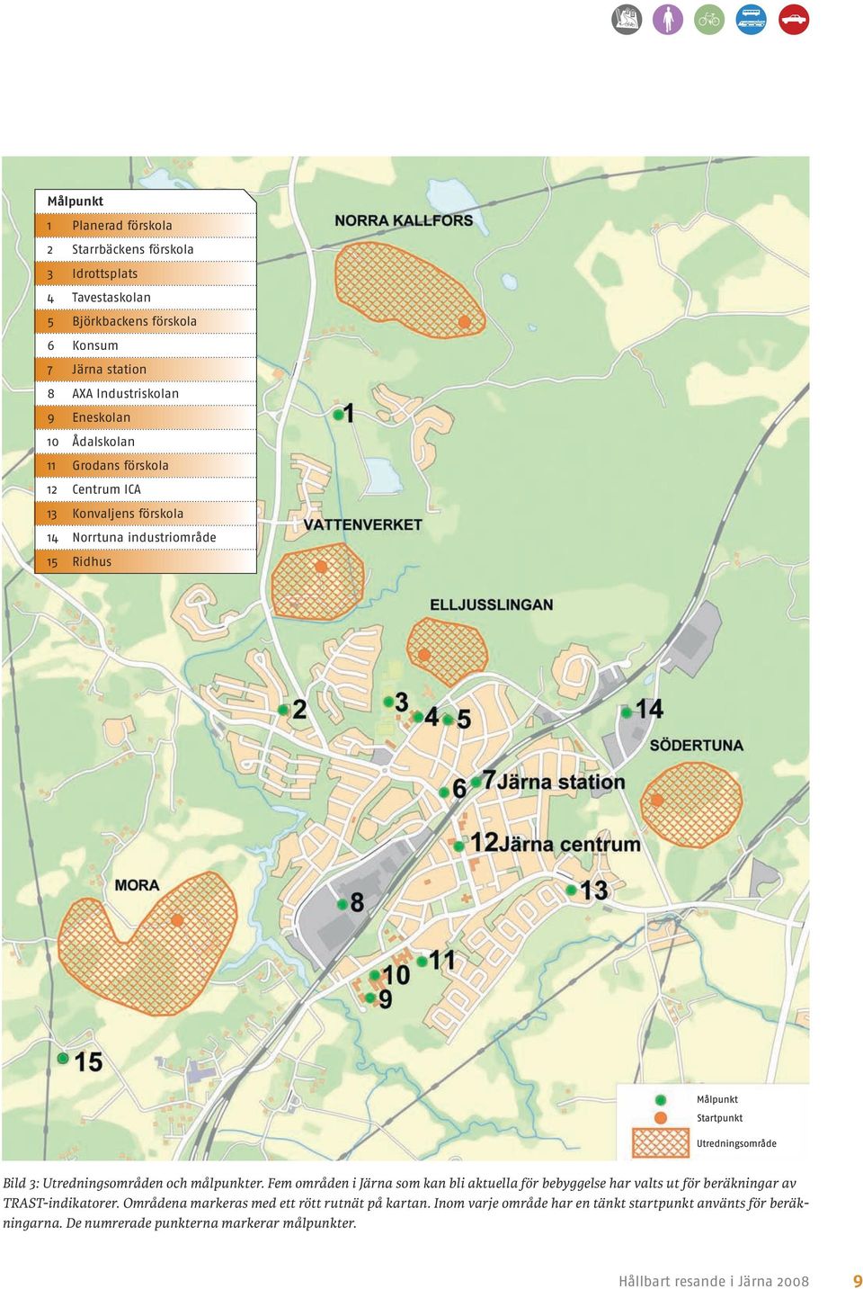 målpunkter. Fem områden i Järna som kan bli aktuella för bebyggelse har valts ut för beräkningar av TRAST-indikatorer.