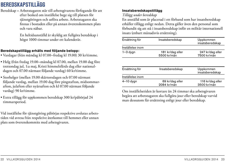 Beredskapstillägg erhålls med följande belopp: Vardagar (från måndag kl 07.00 fredag kl 19.00) 30 kr/timme. Helg (från fredag 19.00 måndag kl 07.00, mellan 19.