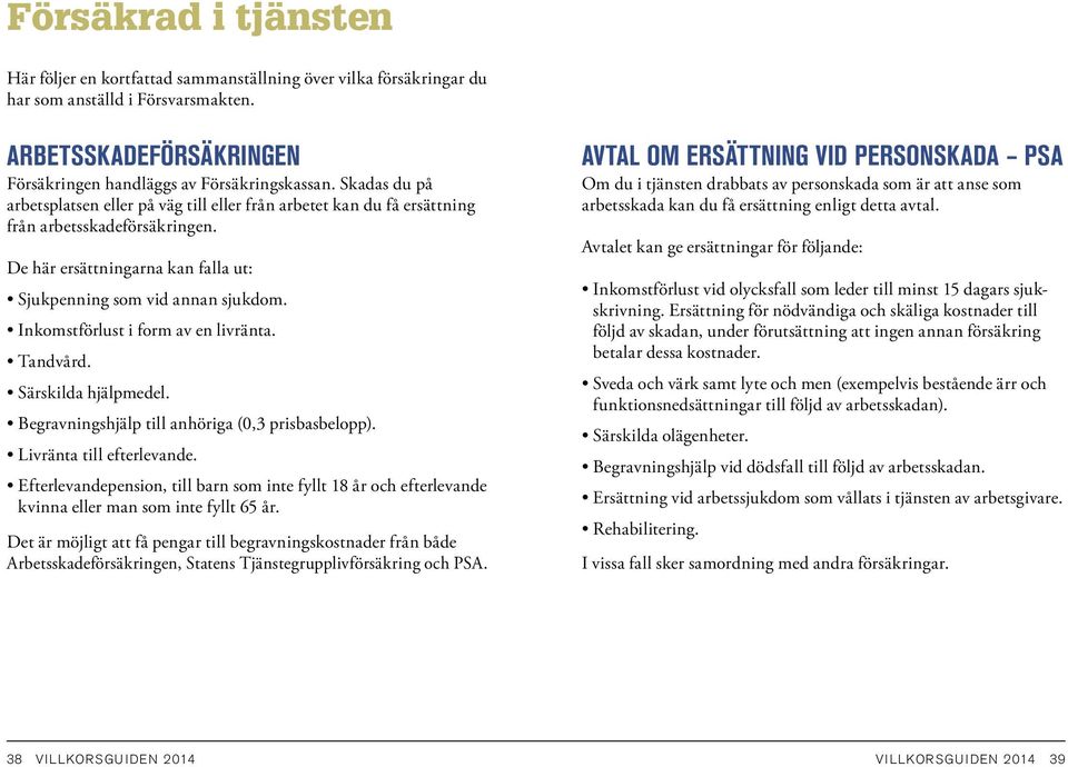 Inkomstförlust i form av en livränta. Tandvård. Särskilda hjälpmedel. Begravningshjälp till anhöriga (0,3 prisbasbelopp). Livränta till efterlevande.