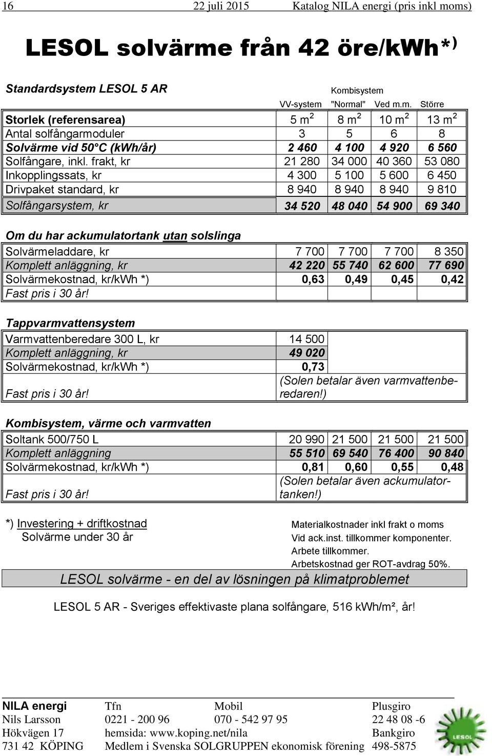 frakt, kr 21 280 34 000 40 360 53 080 Inkopplingssats, kr 4 300 5 100 5 600 6 450 Drivpaket standard, kr 8 940 8 940 8 940 9 810 Solfångarsystem, kr 34 520 48 040 54 900 69 340 Om du har