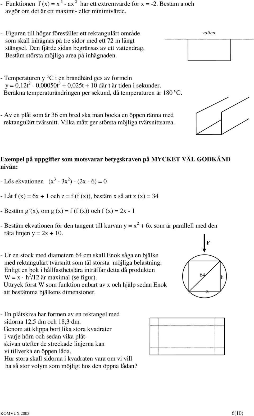 Bestäm största möjliga area på inhägnaden. vatten - Temperaturen y C i en brandhärd ges av formeln y = 0,12t 2-0,00050t 3 + 0,025t + 10 där t är tiden i sekunder.