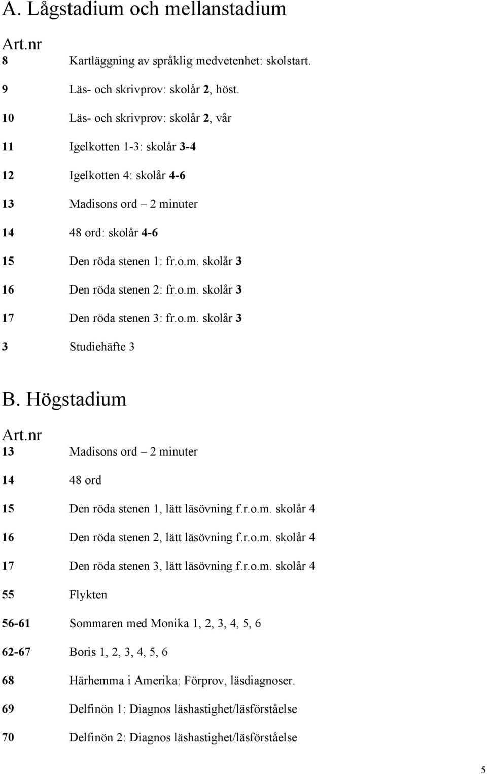 o.m. skolçr 3 17 Den räda stenen 3: fr.o.m. skolçr 3 3 StudiehÅfte 3 B. HÄgstadium Art.nr 13 Madisons ord 2 minuter 14 48 ord 15 Den räda stenen 1, lått låsävning f.r.o.m. skolçr 4 16 Den räda stenen 2, lått låsävning f.