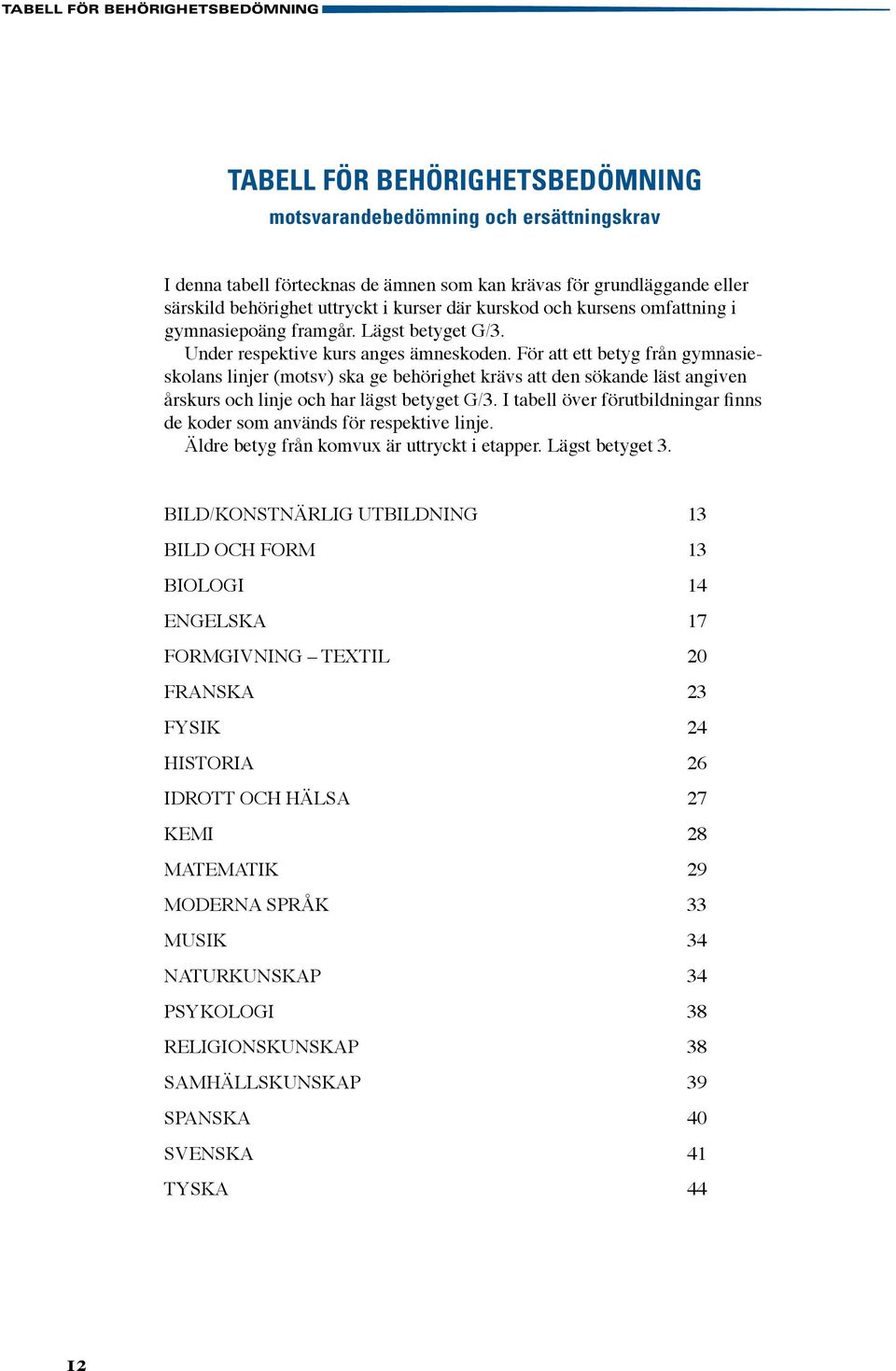 För att ett betyg från gymnasieskolans linjer (motsv) ska ge behörighet krävs att den sökande läst angiven årskurs och linje och har lägst betyget G/3.