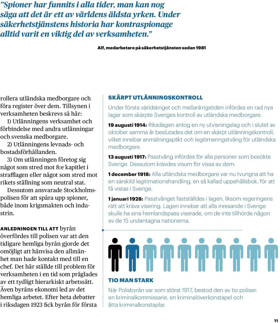 Tillsynen i verksamheten beskrevs så här: 1) Utlänningens verksamhet och förbindelse med andra utlänningar och svenska medborgare. 2) Utlänningens levnads- och bostadsförhållanden.