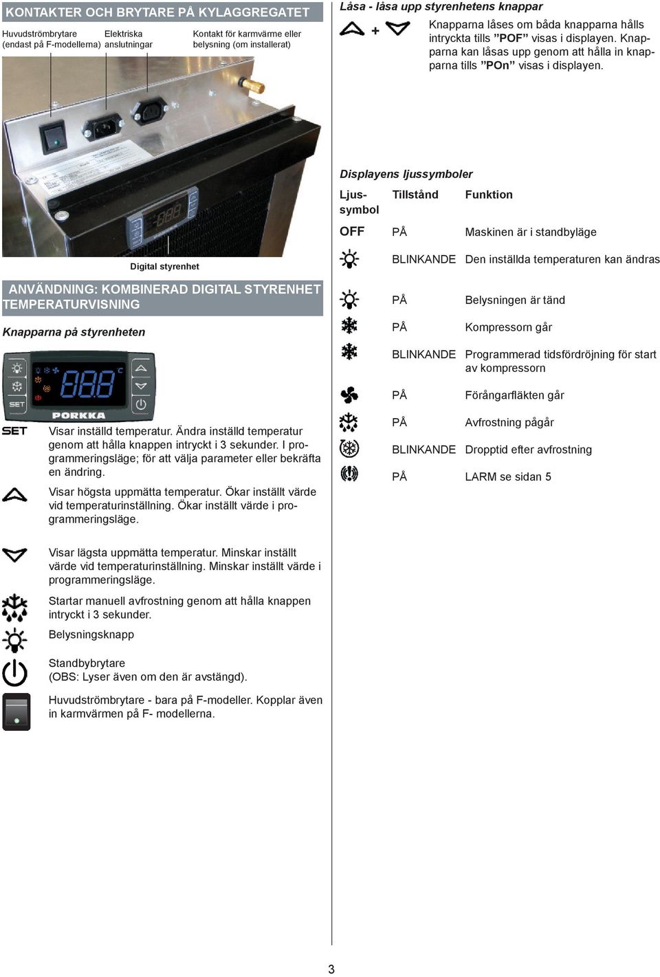 Displayens ljussymboler Ljussymbol OFF Tillstånd Funktion Maskinen är i standbyläge ANVÄNDNING: KOMBINERAD DIGITAL STYRENHET TEMPERATURVISNING Knapparna på styrenheten Digital styrenhet Visar