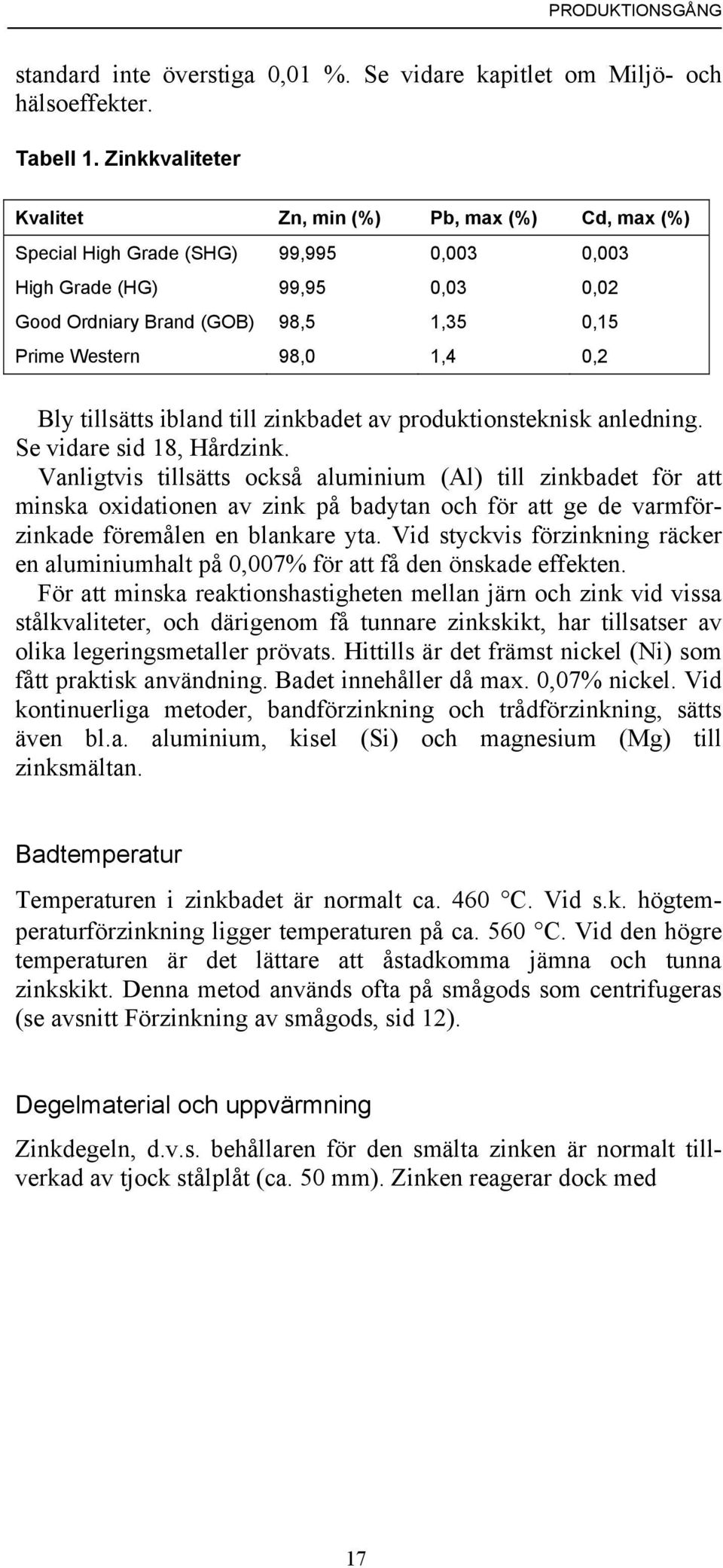 0,2 Bly tillsätts ibland till zinkbadet av produktionsteknisk anledning. Se vidare sid 18, Hårdzink.