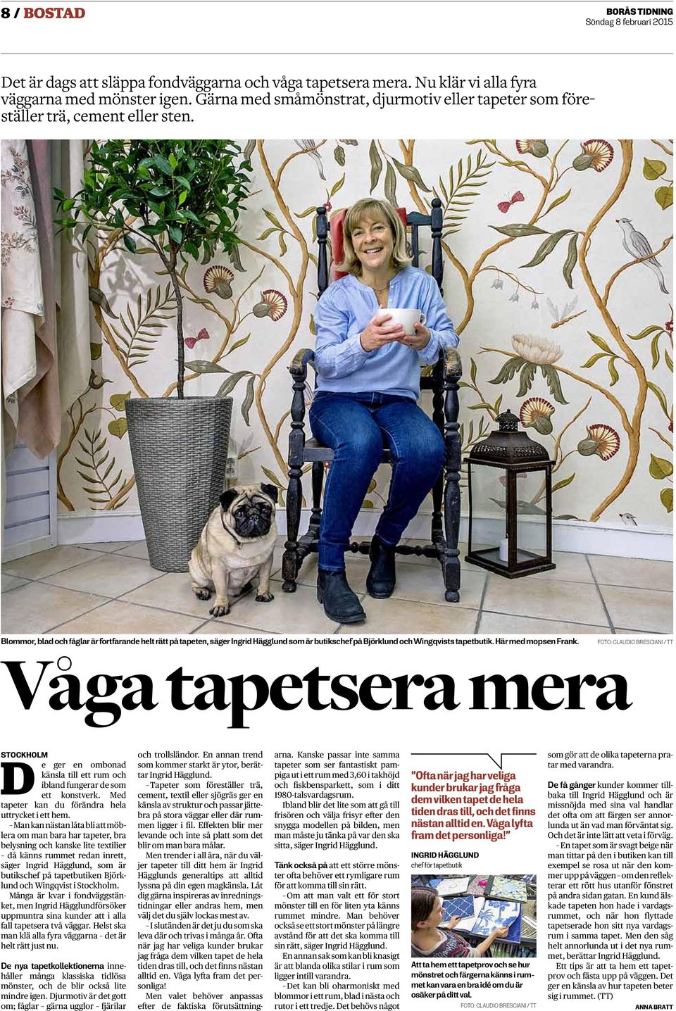 Blommor, blad och fåglar är fortfarande helt rätt på tapeten, säger Ingrid Hägglund som är butikschef på Björklund och Wingqvists tapetbutik. Här med mopsen Frank.