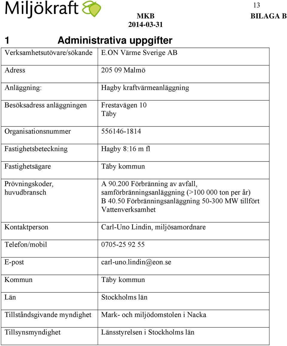 Fastighetsbeteckning Fastighetsägare Prövningskoder, huvudbransch Kontaktperson Hagby 8:16 m fl Täby kommun A 90.