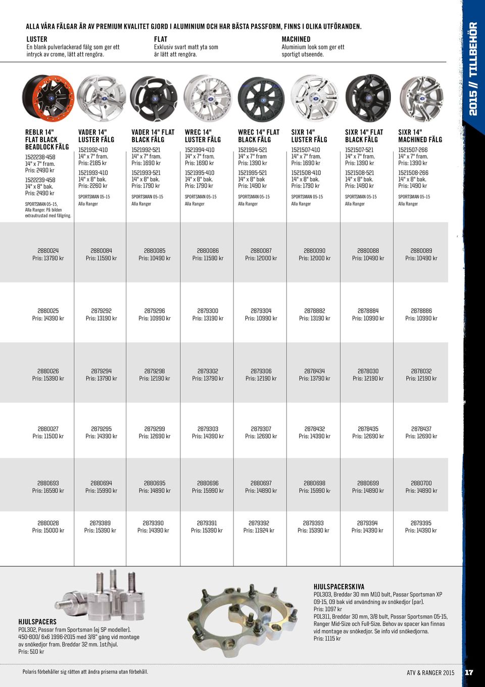 Pris: 2490 kr 1522239-458 14" x 8" bak. Pris: 2490 kr SPORTSMN 05-15, lla Ranger. På bilden extrautrustad med fälgring. VR 14" LUSTR ÄLG 1521992-410 14" x 7" fram.