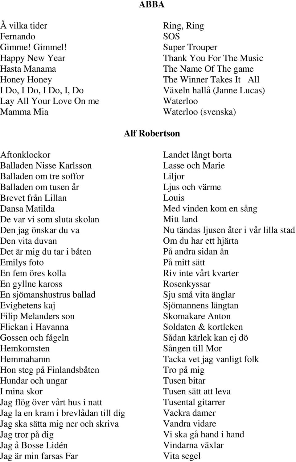 Växeln hallå (Janne Lucas) Waterloo Waterloo (svenska) Alf Robertson Aftonklockor Balladen Nisse Karlsson Balladen om tre soffor Balladen om tusen år Brevet från Lillan Dansa Matilda De var vi som